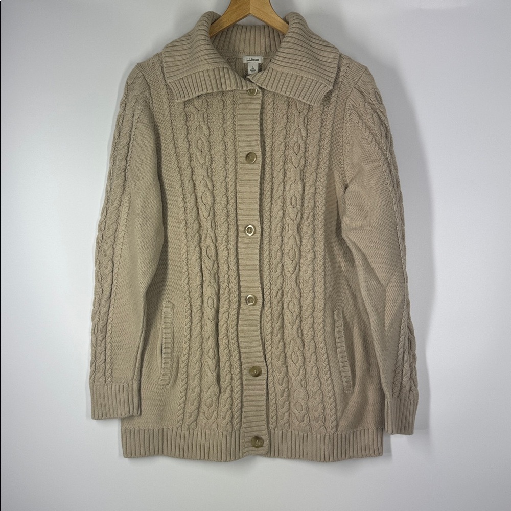 LL BEAN Cable Knit Cream Button Down Cardigan Size Large‎